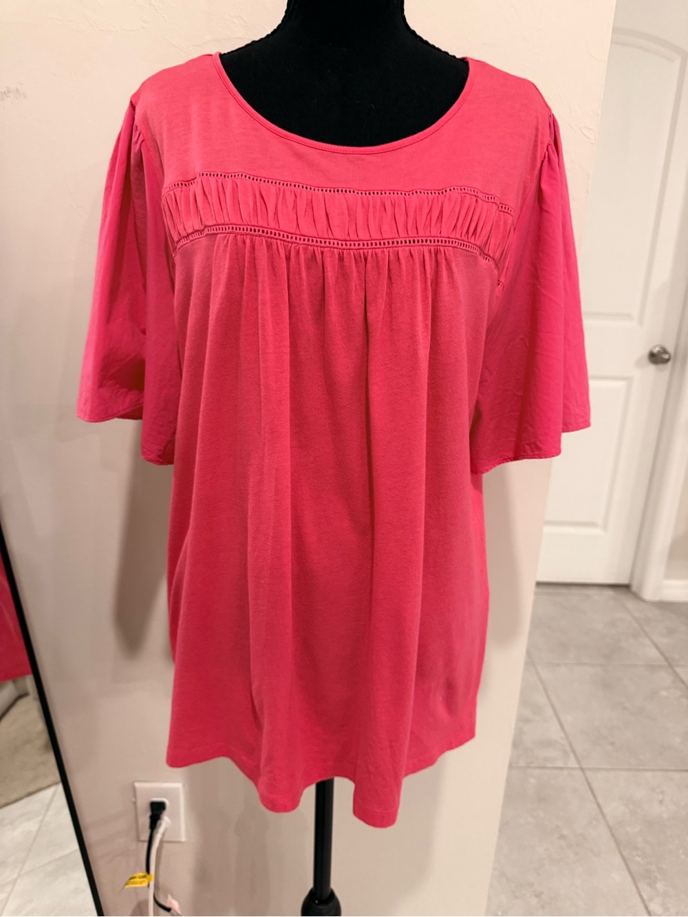 LOFT Bright Pink Short-Sleeve Knit Tunic with Yoke Detail